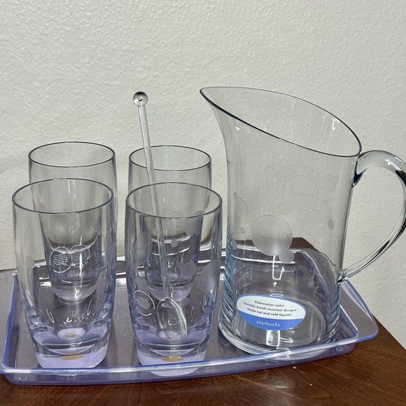 Starbucks Bubble Glass Pitcher Drink Set 4 Glasses Stirrer Tray Rare Collectible - Picture 1 of 8
